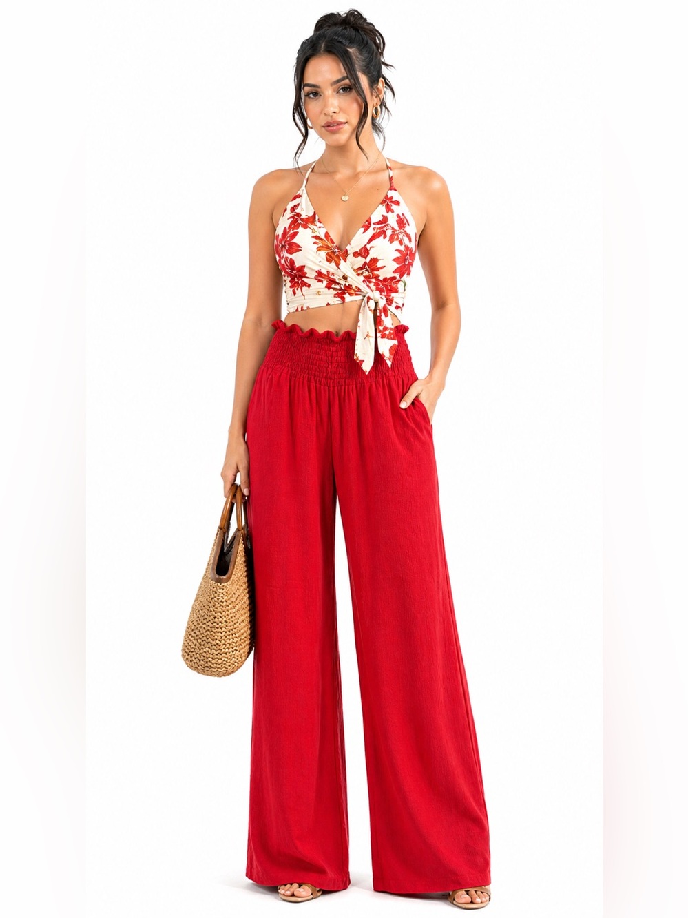Red Wide-Leg Smocked-Waist Pants